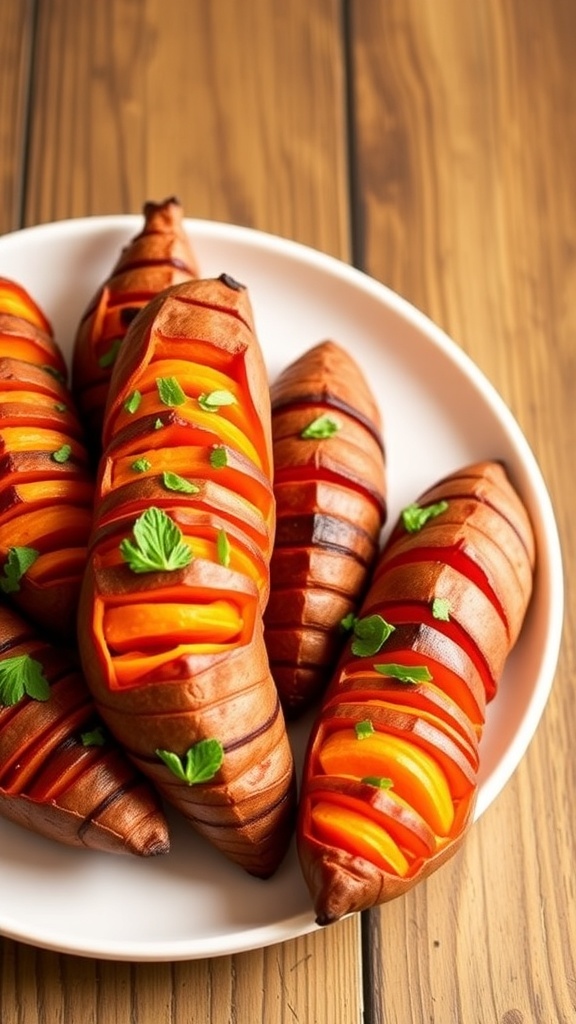 Air Fryer Hasselback Sweet Potatoes Recipe Air fryer hasselback sweet potatoes garnished with herbs on a rustic wooden table.